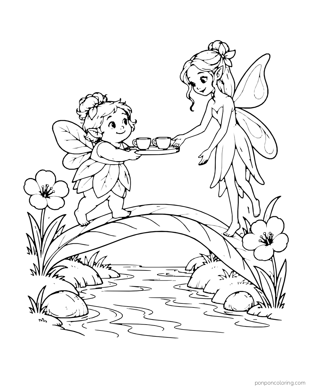 One fairy carries a tray of teacups to another fairy across a leaf bridge.