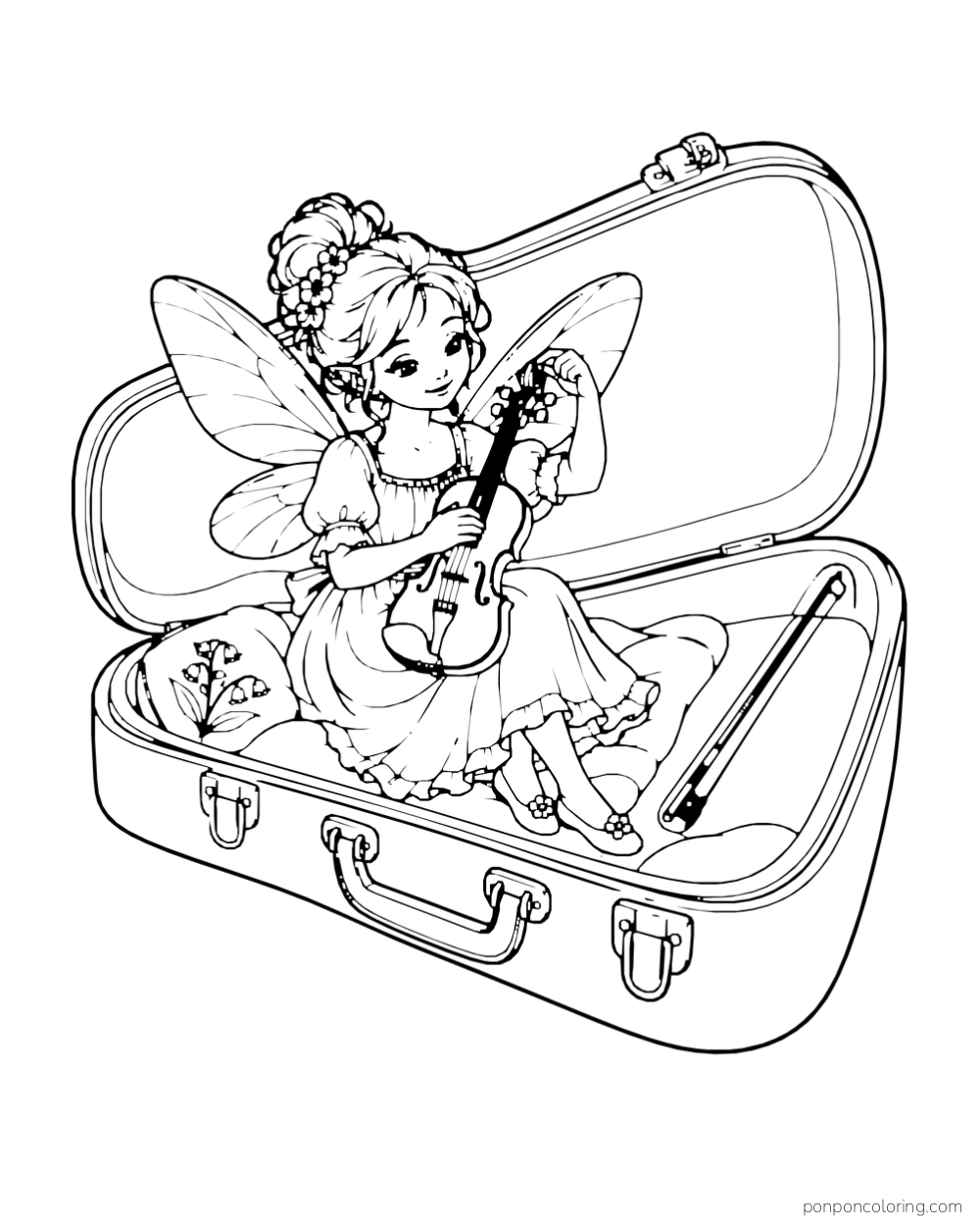 A fairy holds a violin while sitting inside an open instrument case with a bow beside her.