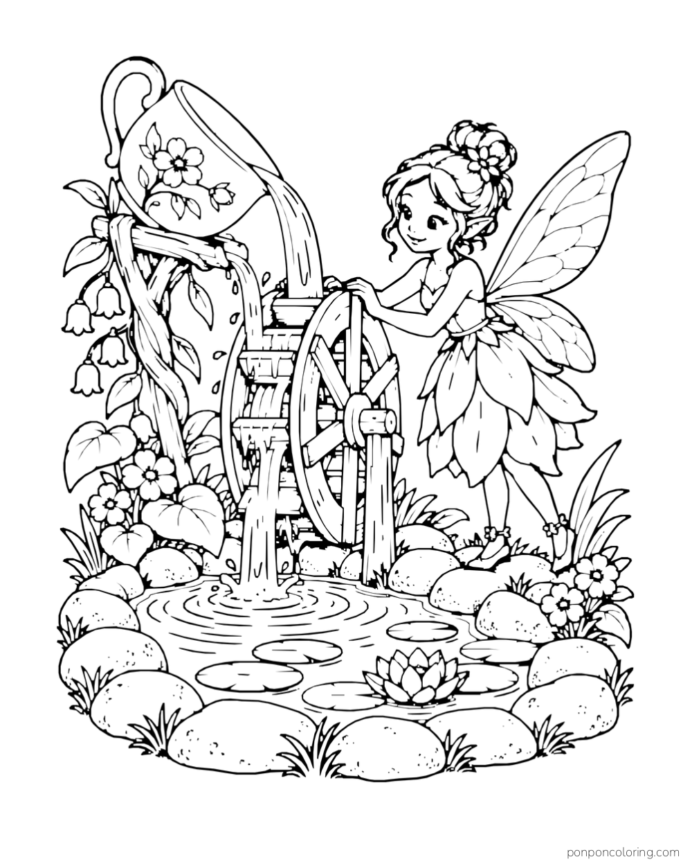 A fairy stands beside a waterwheel fed by a tilted teacup above a small pond.