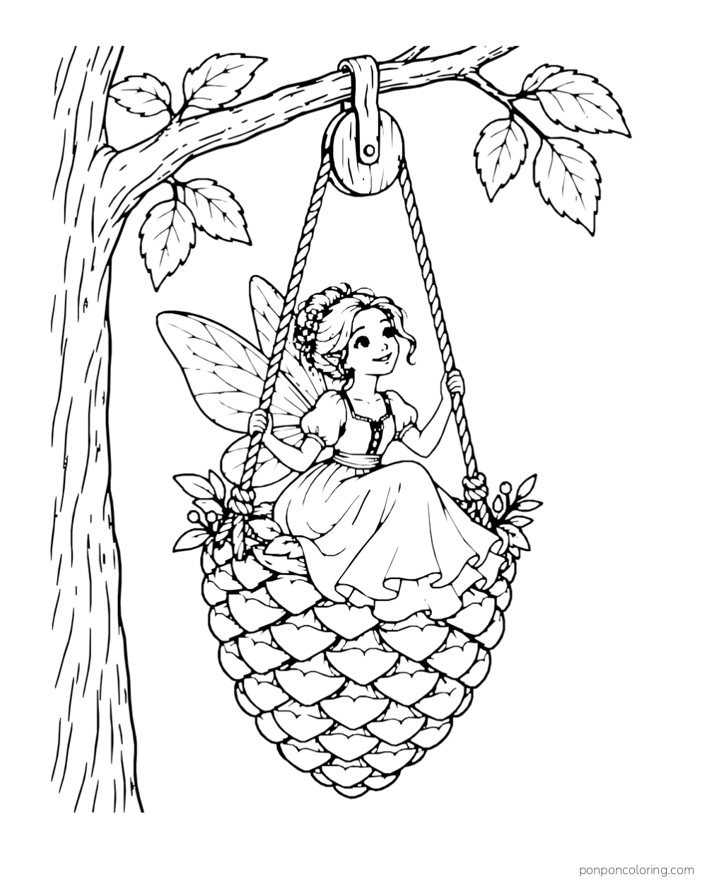 A fairy rides in a pinecone basket suspended from a pulley on a tree branch.