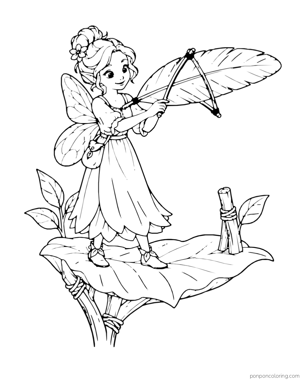 A fairy holds a feather glider while standing on a leaf platform.