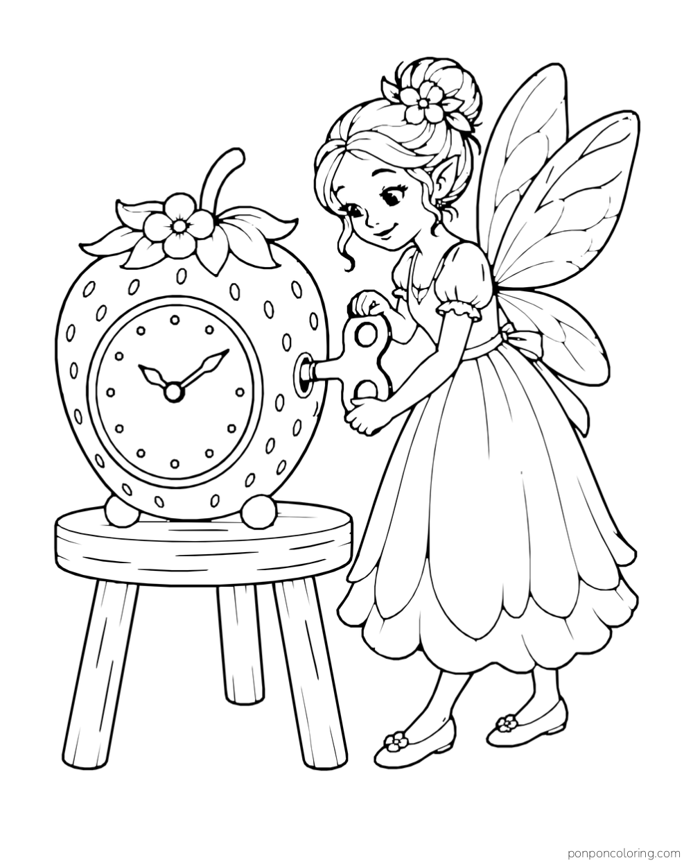 A fairy turns a large key on a strawberry-shaped clock resting on a stool.
