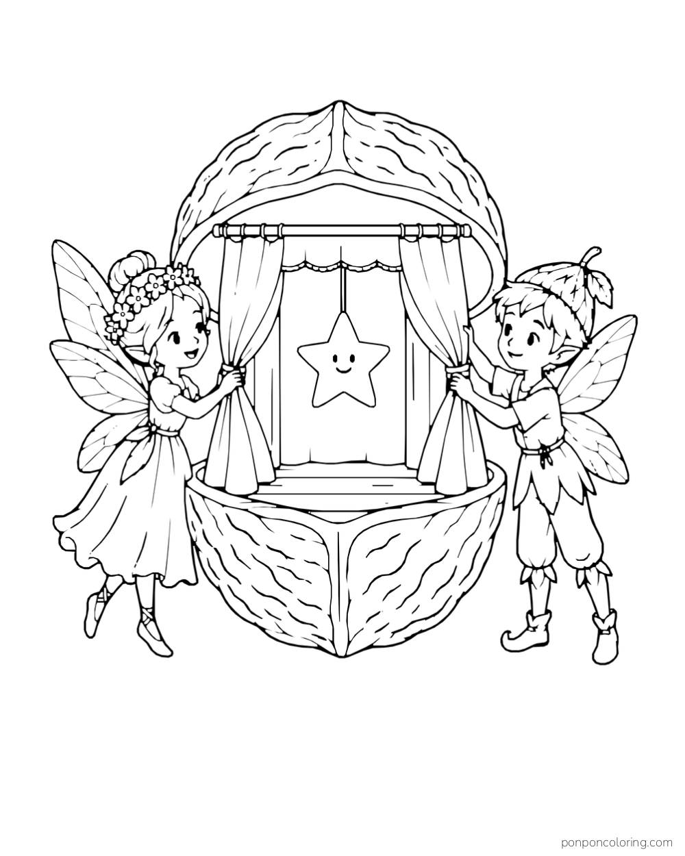 Two fairies open the curtains of a walnut-shell theater with a hanging star puppet.