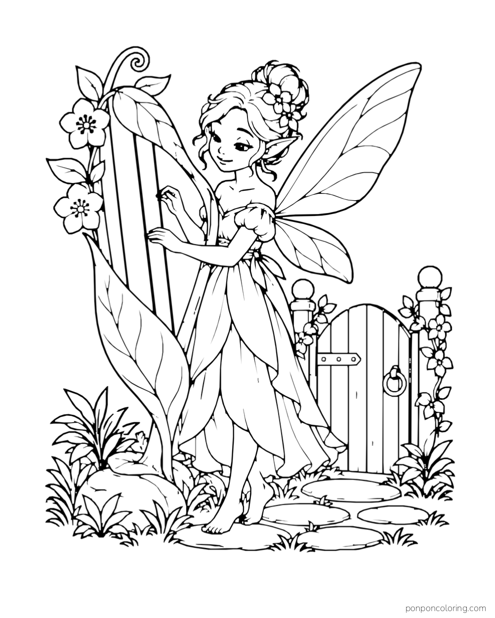 A fairy plays a tall leaf-shaped harp beside a small garden gate.