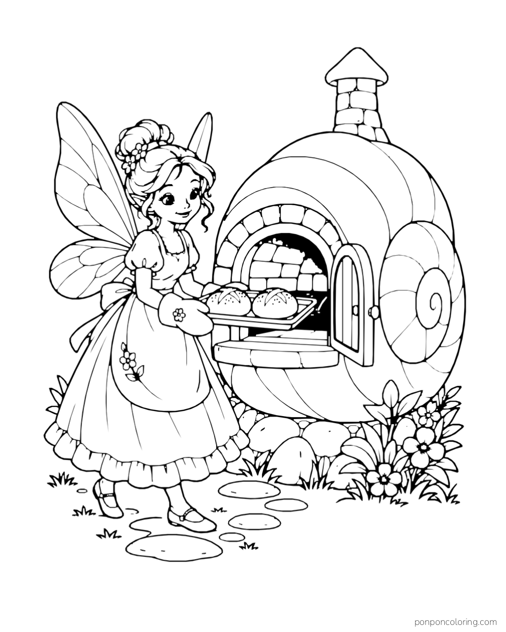 A fairy carries rolls from a snail-shell-shaped oven.