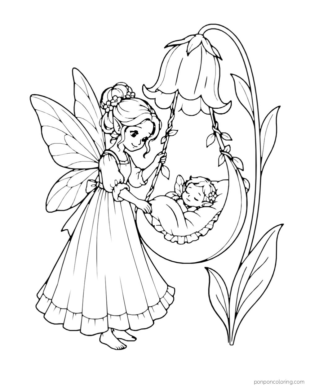 A fairy tends a sleeping baby in a crescent cradle hanging beneath a bell flower.
