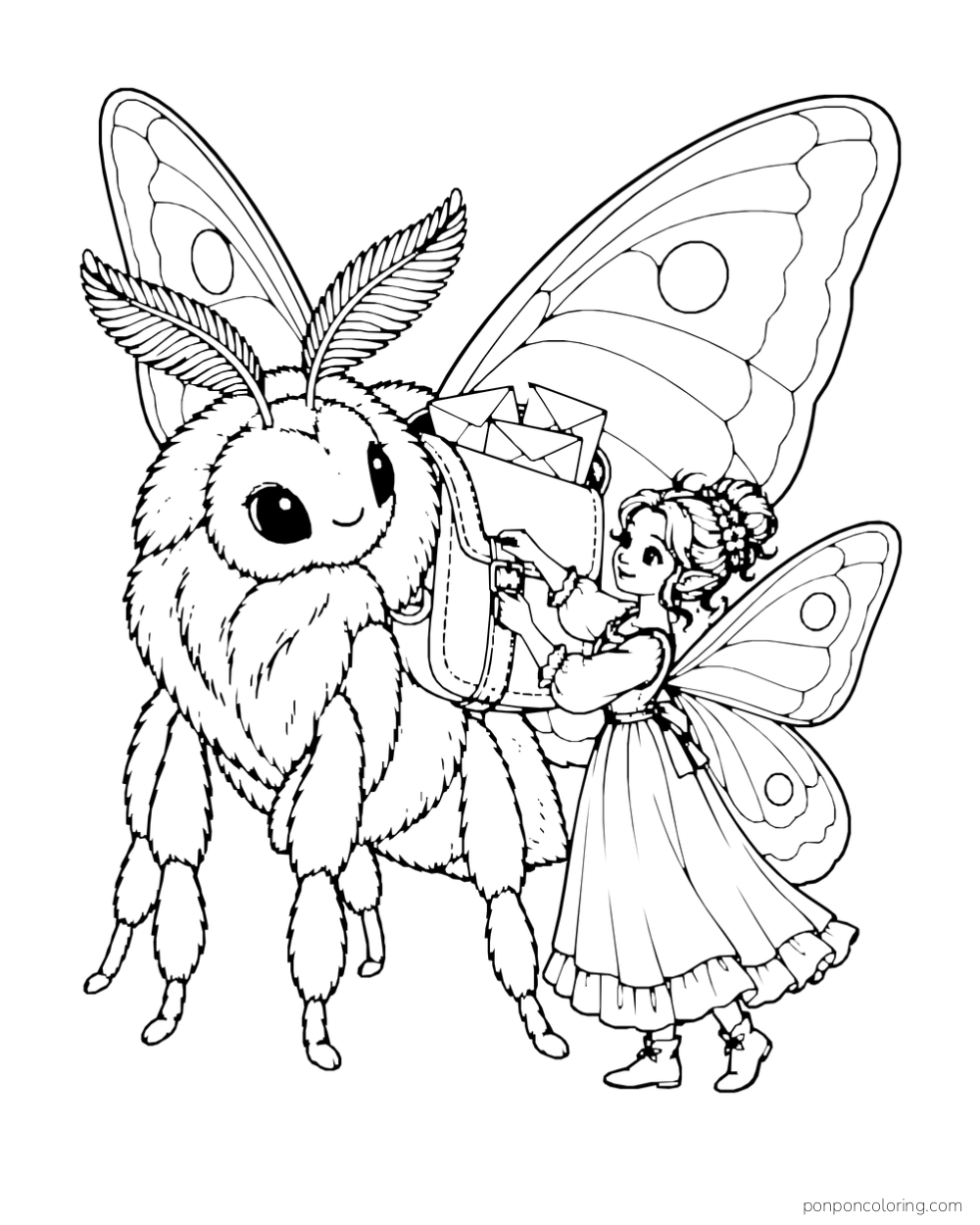 A fairy fastens a mailbag full of envelopes to a large moth.