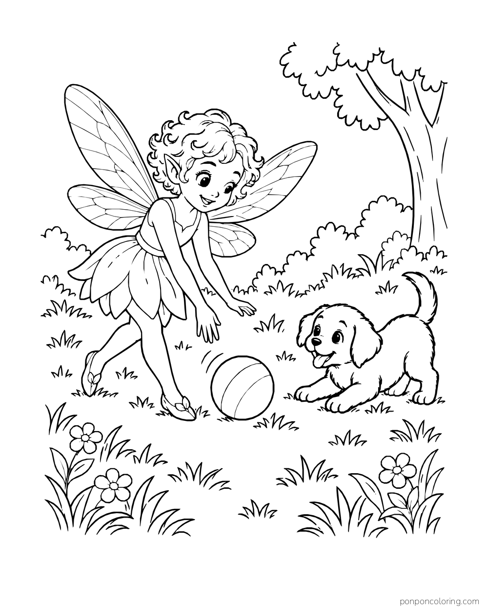 Curly-haired fairy rolling a ball toward a puppy in a grassy clearing.