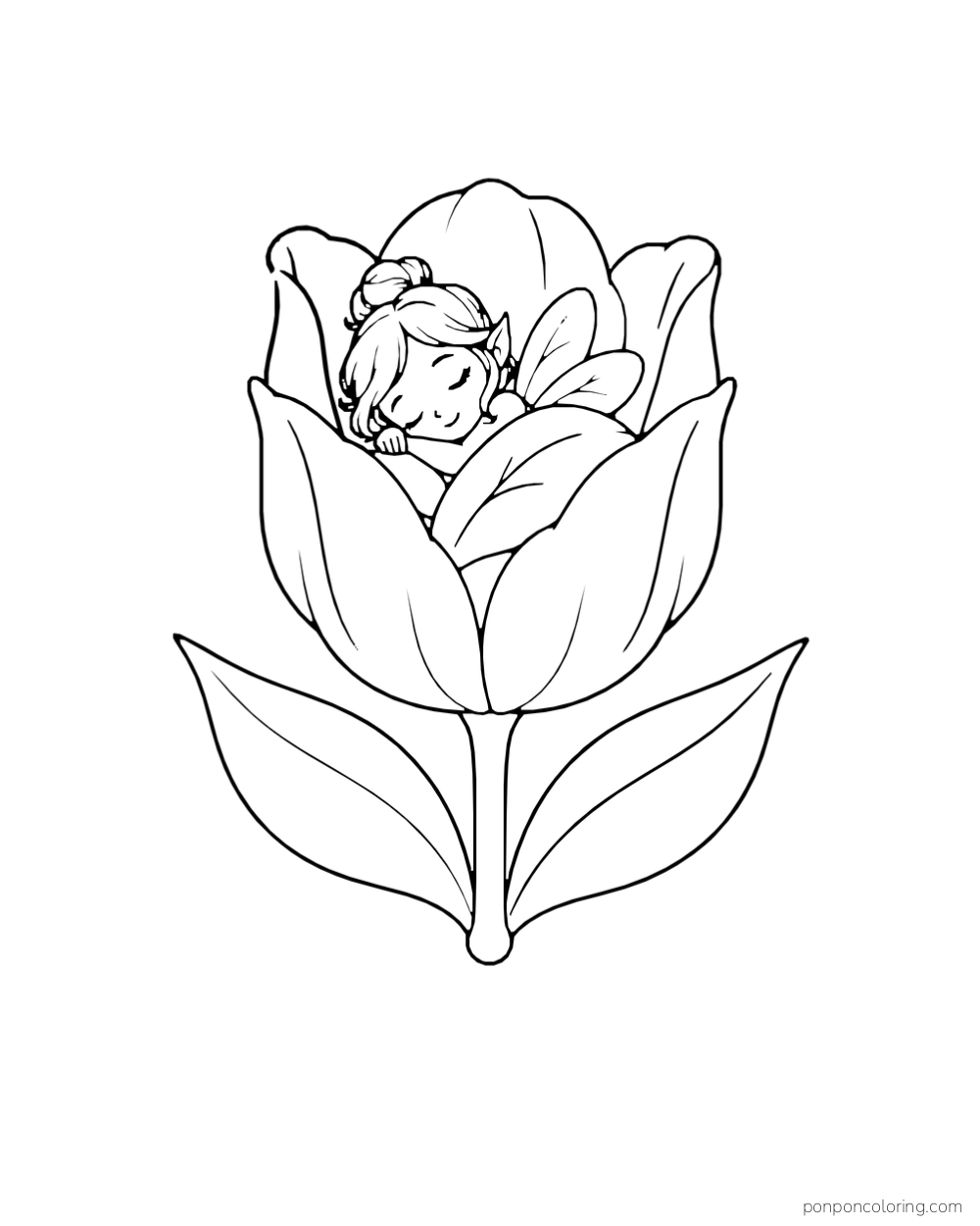 A tiny winged fairy sleeping inside an oversized tulip with a leaf tucked around her.