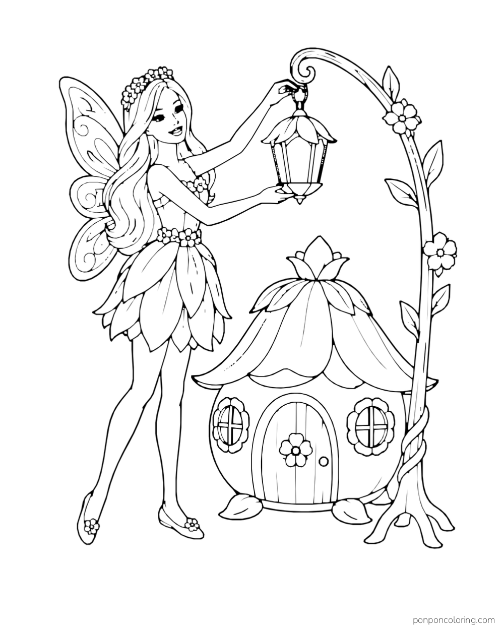 Fairy Barbie hangs a lantern from a curved flower stem beside a tiny flower house.