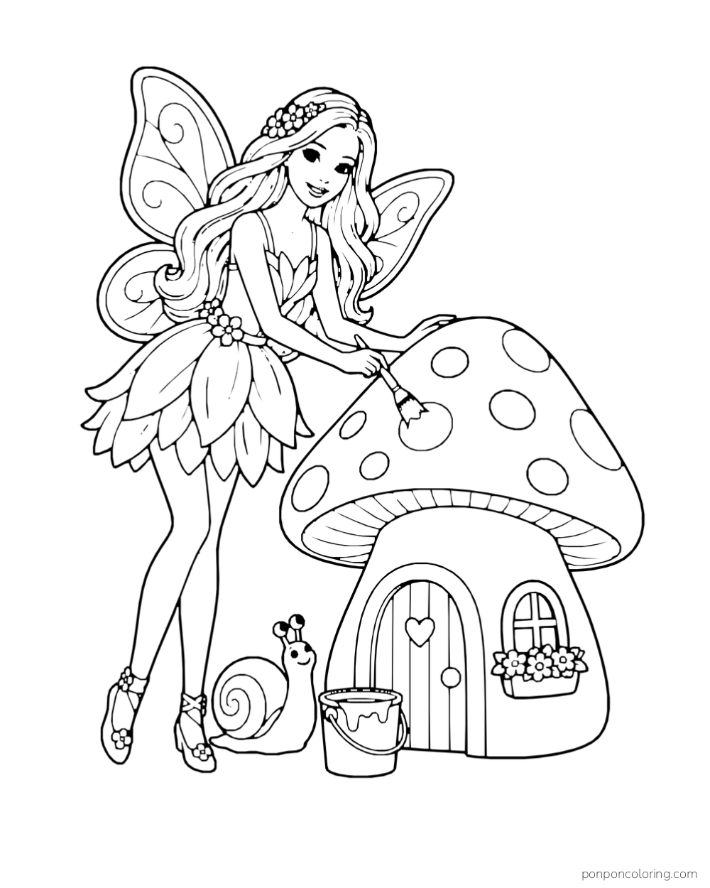 Fairy Barbie paints spots on a mushroom house beside a snail and paint bucket.