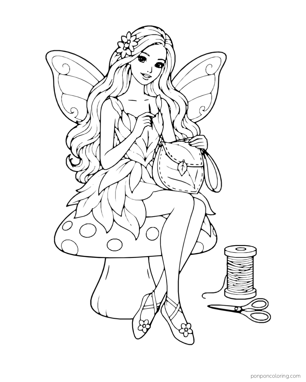 Fairy Barbie sews a small bag while sitting on a mushroom beside a spool of thread and scissors.