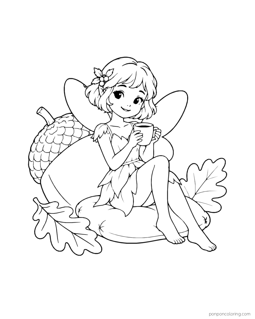 A fairy with wings holds a cup while sitting beside a large acorn and oak leaves.