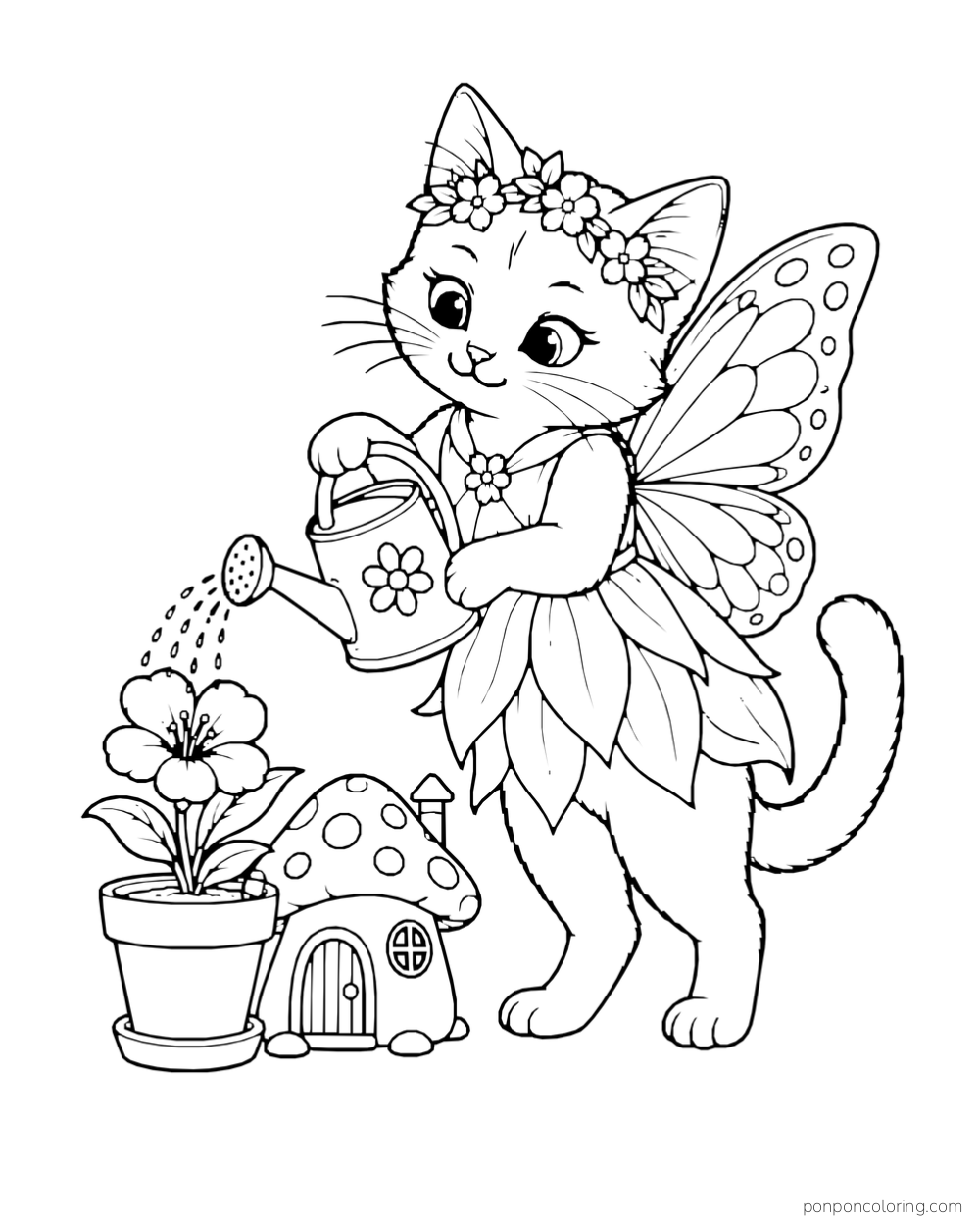 A cat with butterfly wings and a flower crown waters a potted flower beside a mushroom house.