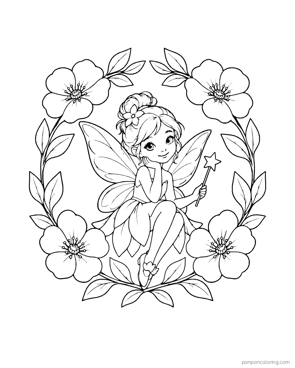 Fairy with a wand seated inside a circular wreath of flowers and leaves.