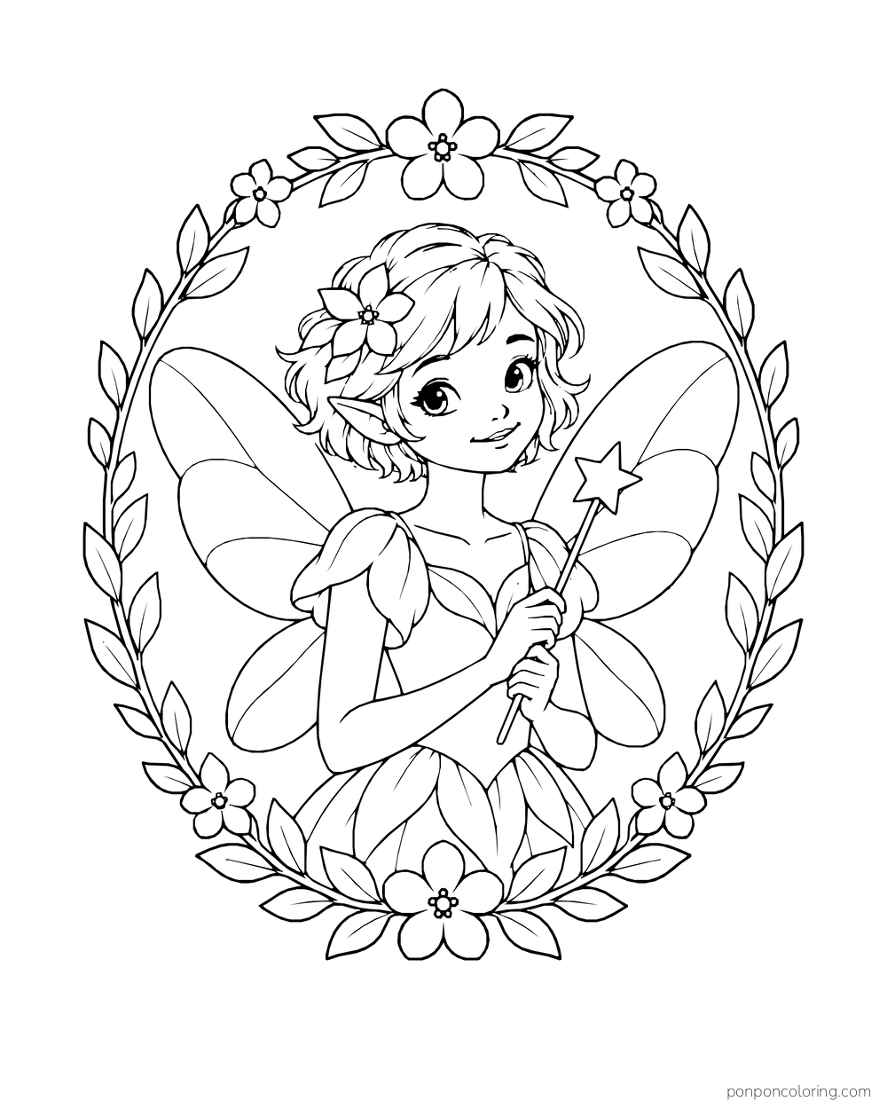 Waist-up fairy holding a wand inside an oval border of flowers and leaves.