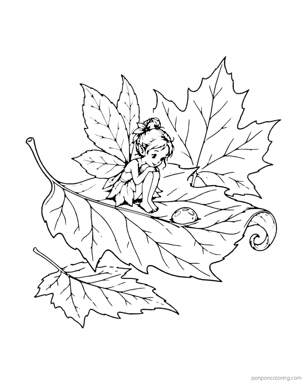 A tiny fairy sits on a curled leaf among larger autumn leaves.