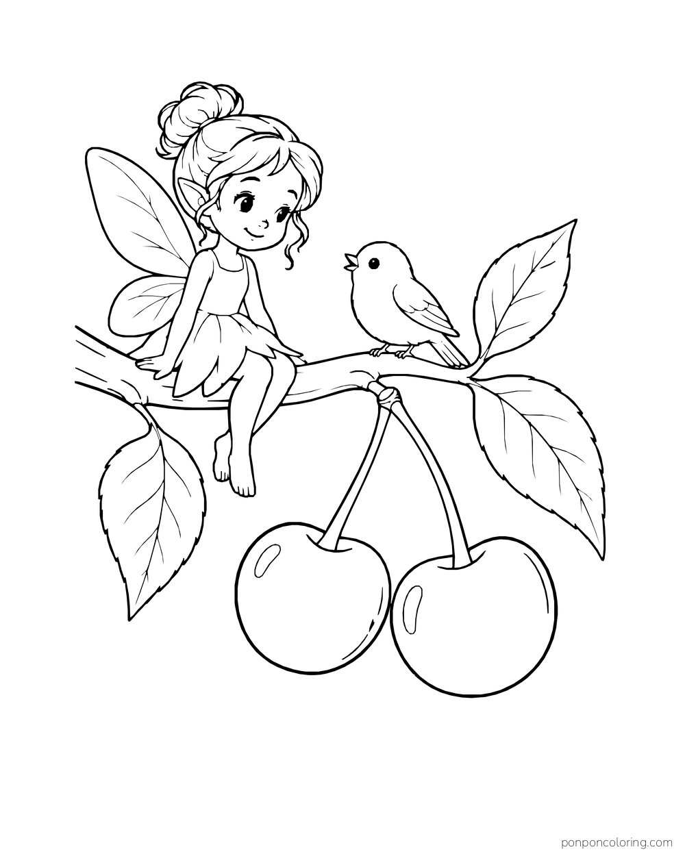 A tiny winged fairy and a bird sit on a cherry branch above two large hanging fruit.