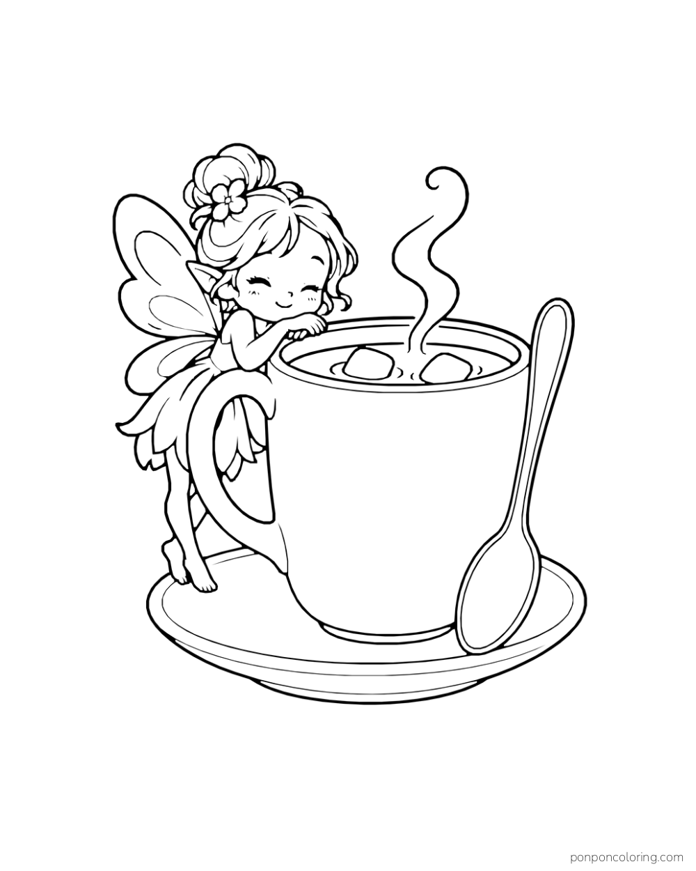A tiny fairy rests against a giant cocoa mug on a saucer beside a spoon.