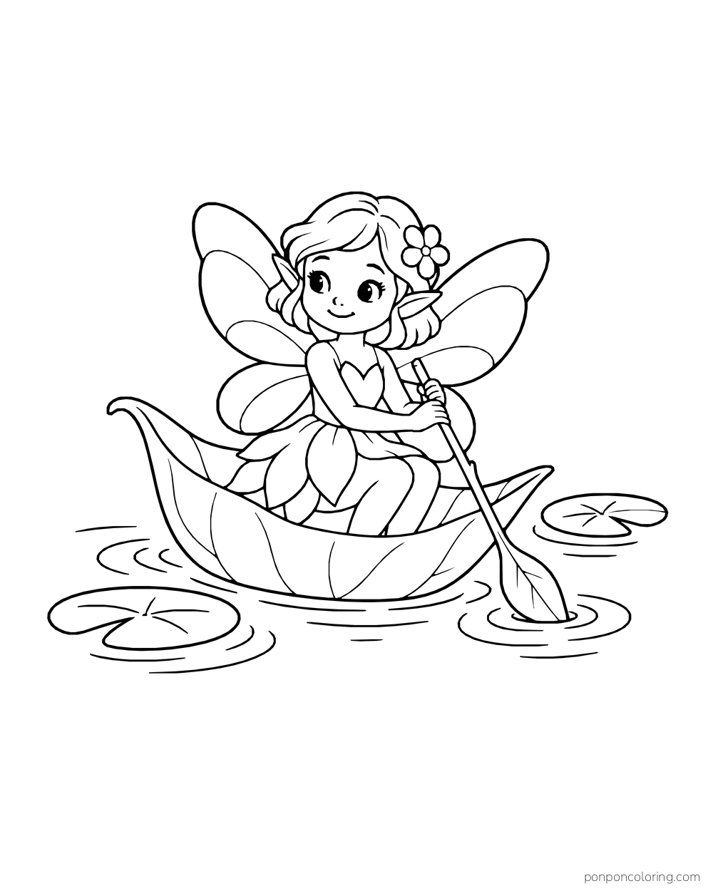 Fairy paddling a leaf boat between two lily pads with a leaf-shaped oar.