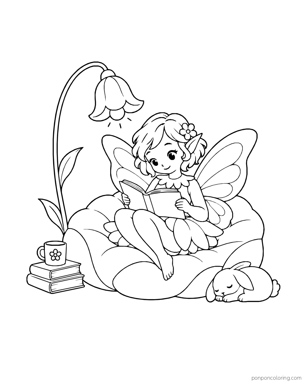 Fairy reading on a petal cushion beside a flower lamp, mug, books, and sleeping bunny.