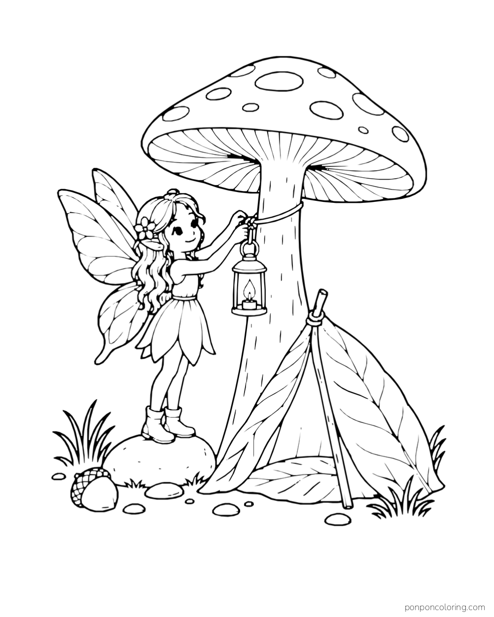 A fairy hangs a little lantern from a mushroom beside a leaf tent.