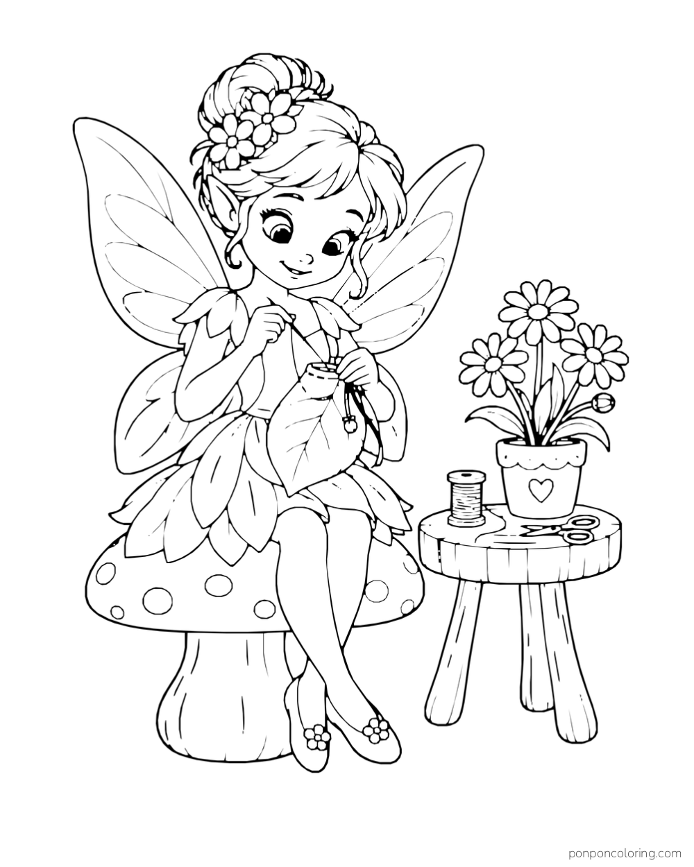 A fairy sews a leaf pouch on a mushroom stool beside a daisy pot, thread and scissors.
