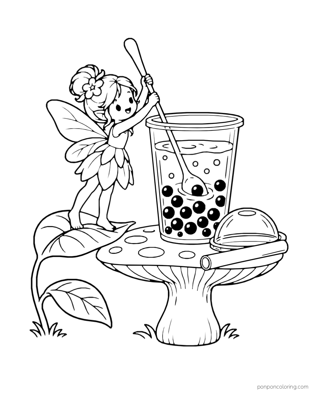 A tiny winged figure stirs a large pearl-filled cup on a mushroom table.