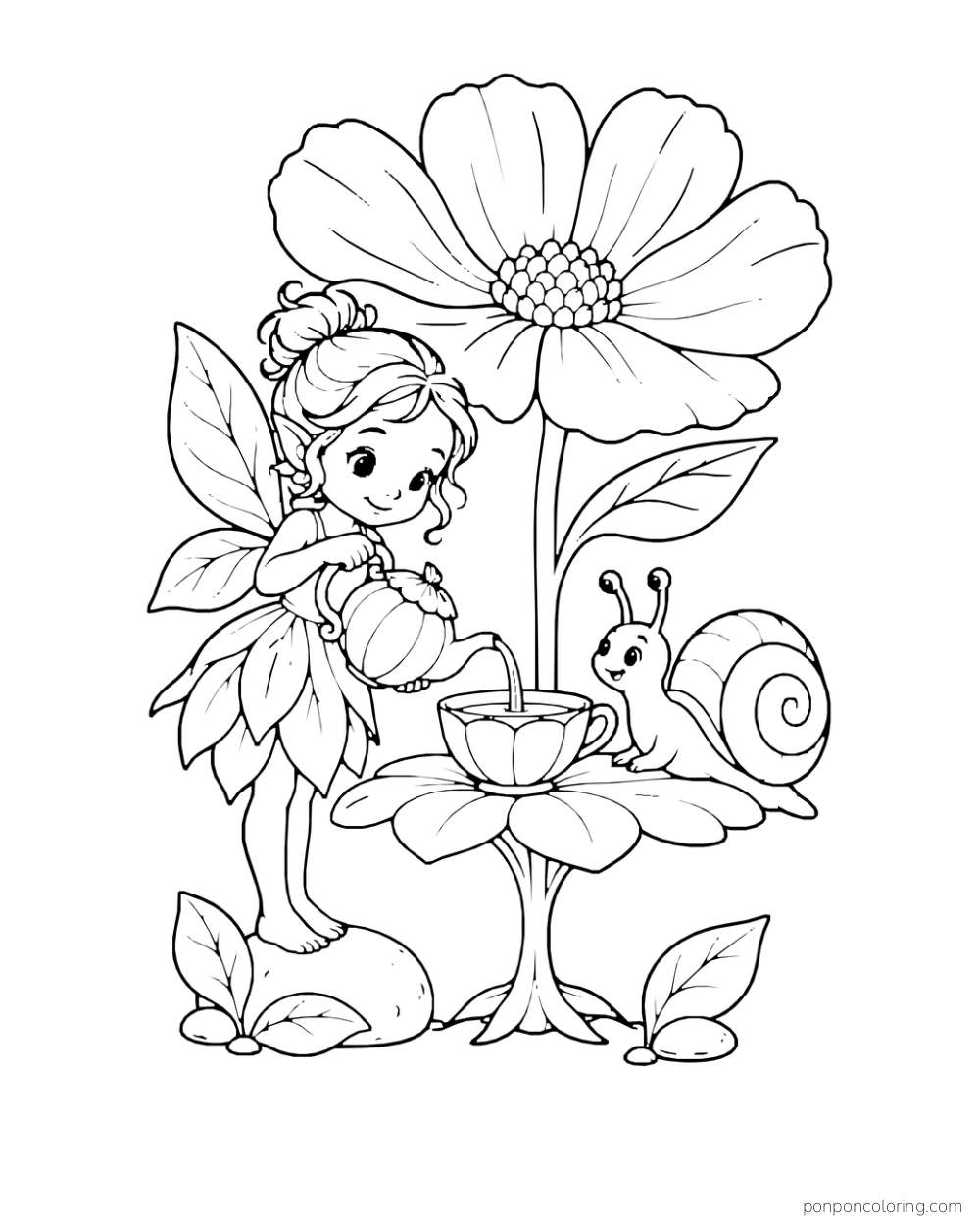 Fairy pours tea for a snail beside an oversized flower.