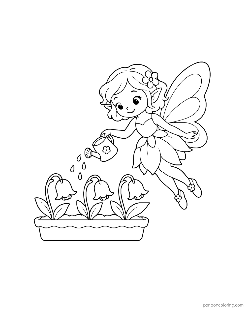Flying fairy watering three bell-shaped flowers in a planter.