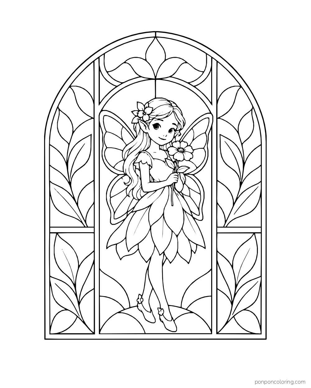 Fairy holding flowers in the central pane of an arched leaf-pattern window.