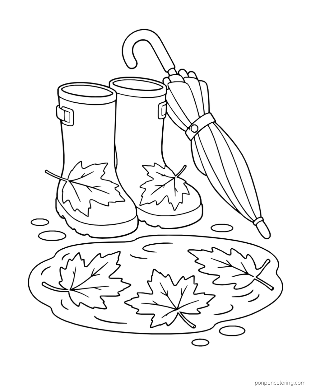 Autumn leaves on a pair of rain boots and in a puddle beside a closed umbrella.