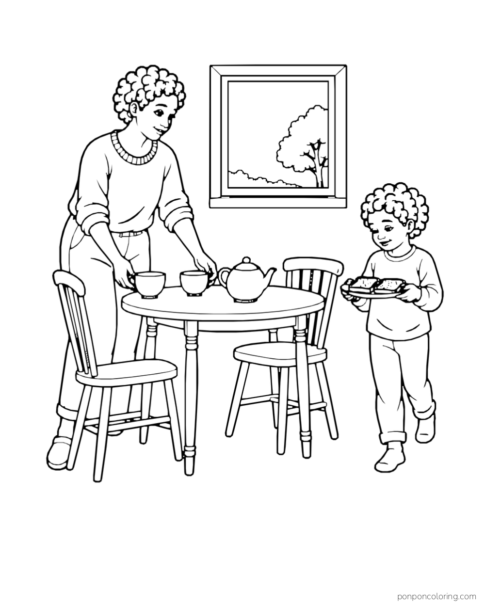 Adult sets cups at a round breakfast table as a child brings a plate.