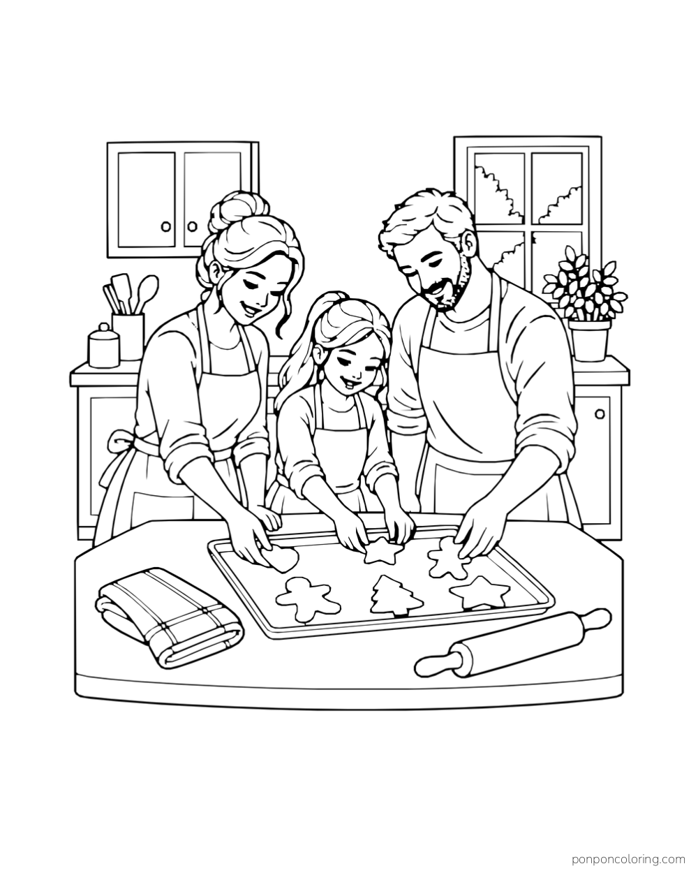 Two adults and a child arrange shaped cookies together on a baking sheet.