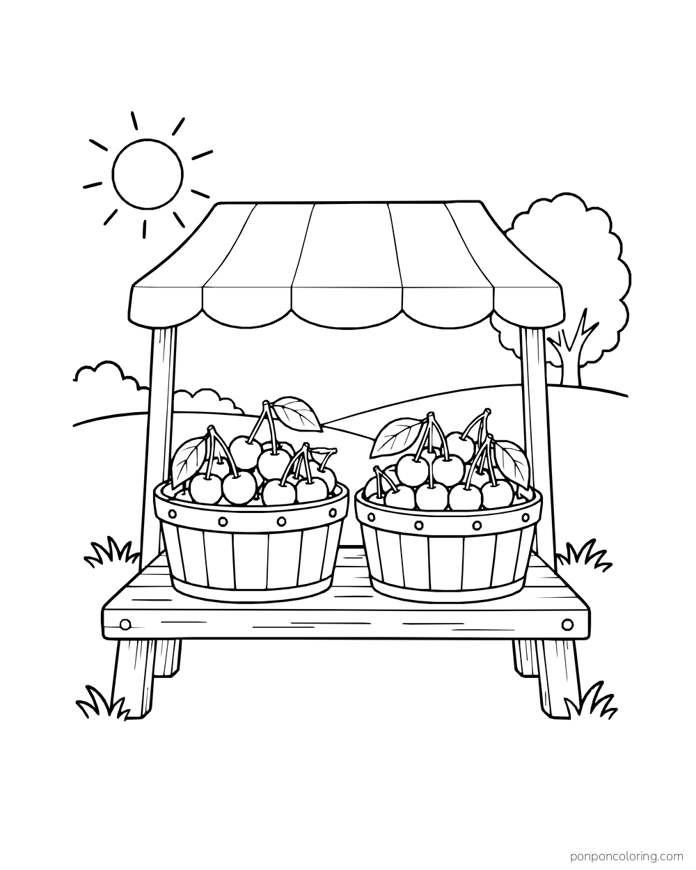 Two baskets of cherries sit under a plain striped canopy at a farm stand.