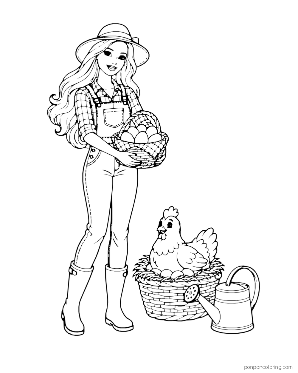 Barbie wears overalls and a straw hat beside a basket of eggs, a nesting hen and a watering can.