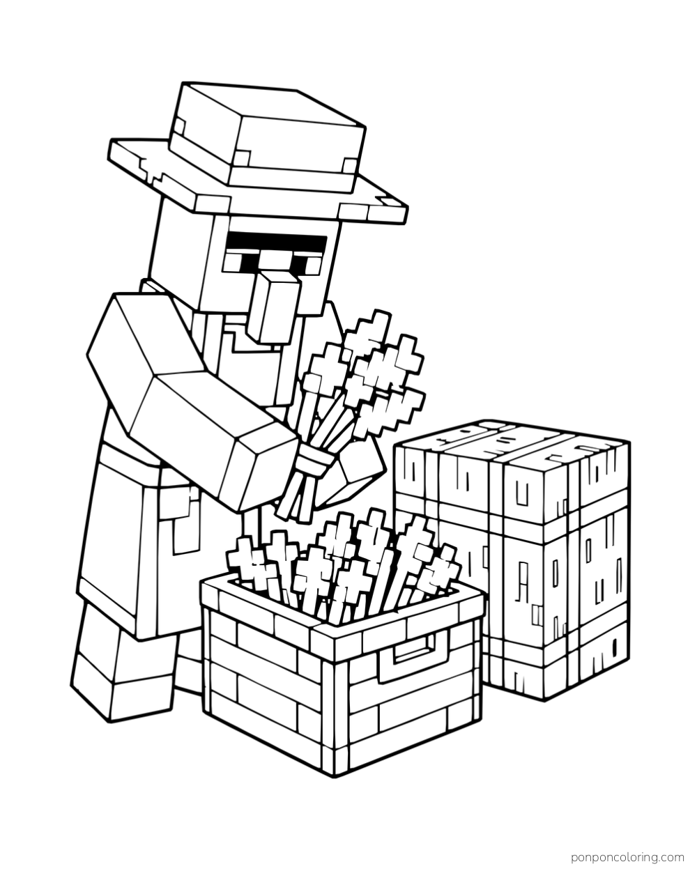 A farmer villager holds carrots beside a produce crate and a hay block.
