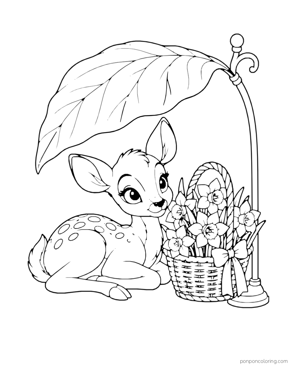 A fawn rests beneath a large leaf umbrella beside a basket of daffodils.