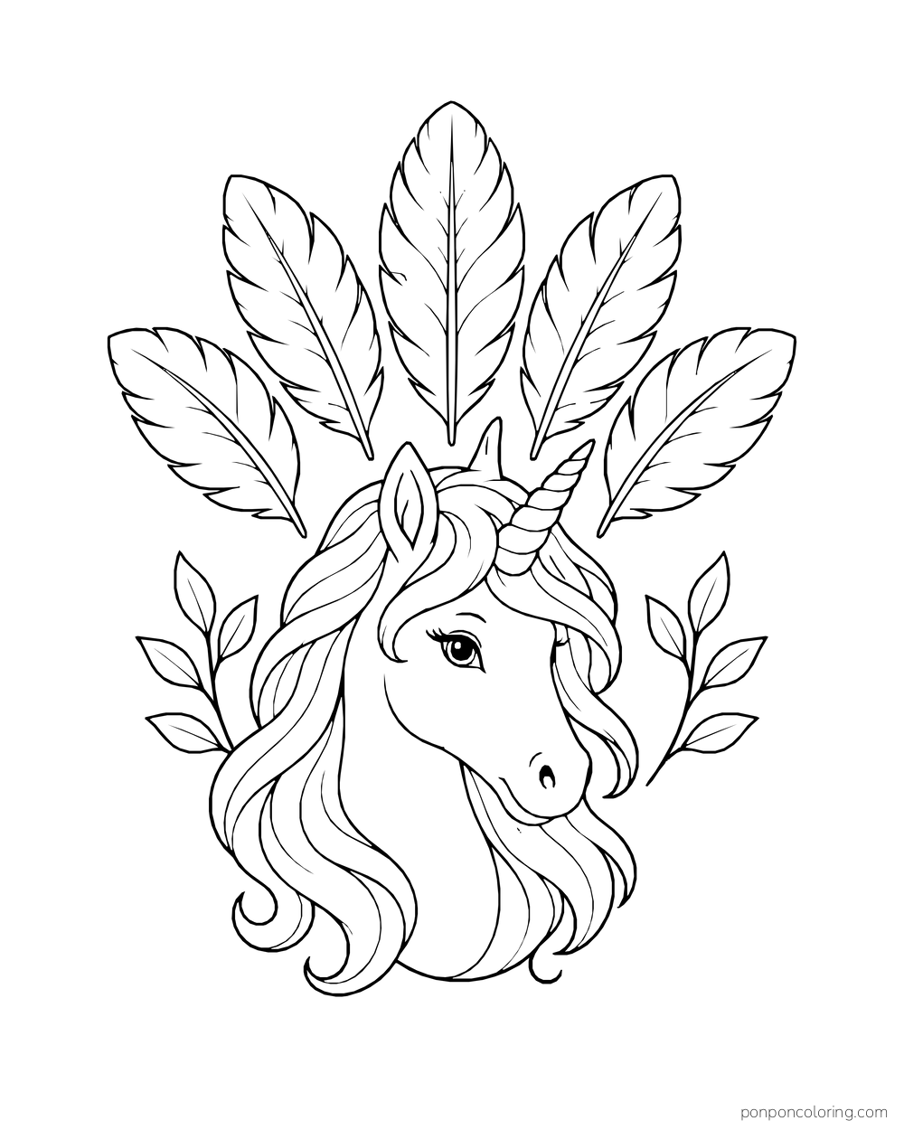 A closed unicorn portrait sits below five large feathers and small leaf branches.