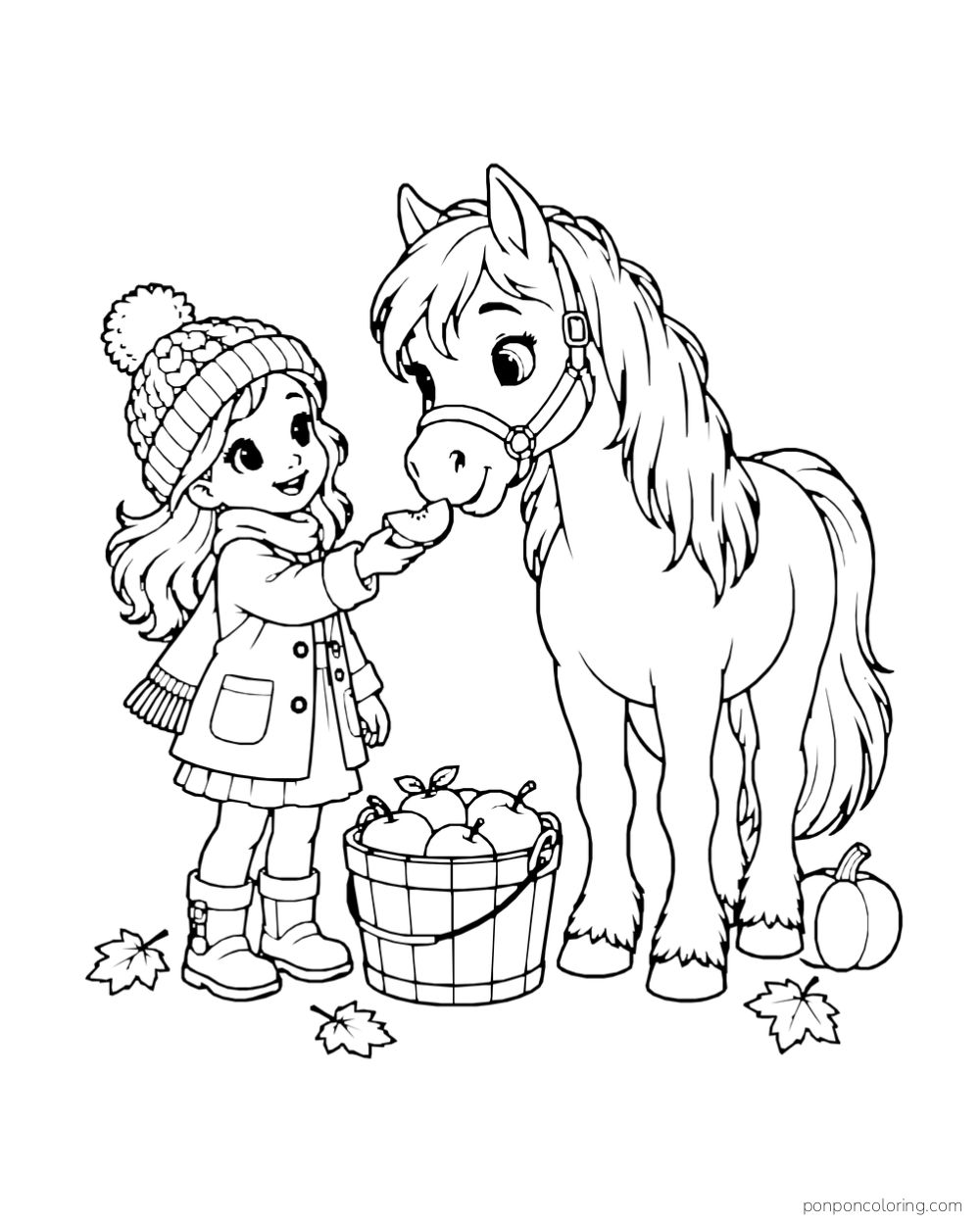 A girl offers an apple slice to a pony beside a basket of apples and a small pumpkin.