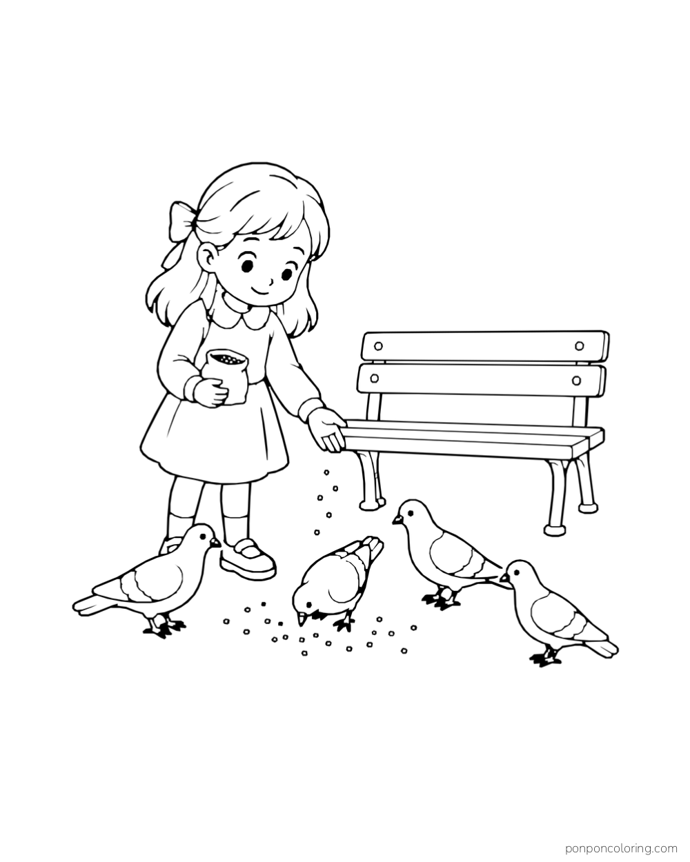 A girl scatters seeds for four pigeons beside a park bench.