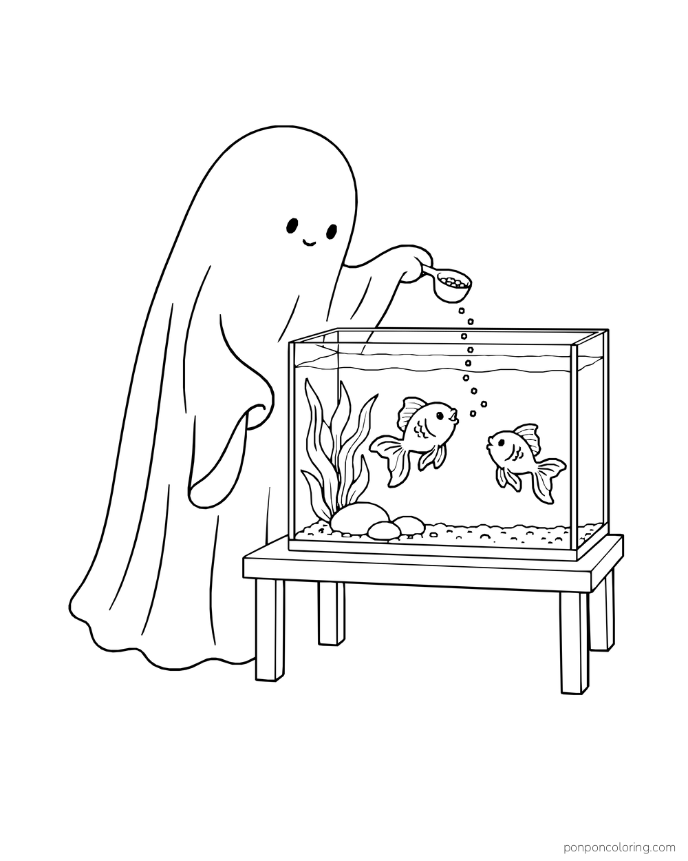 A ghost sprinkles food into an aquarium with fish and water plants.