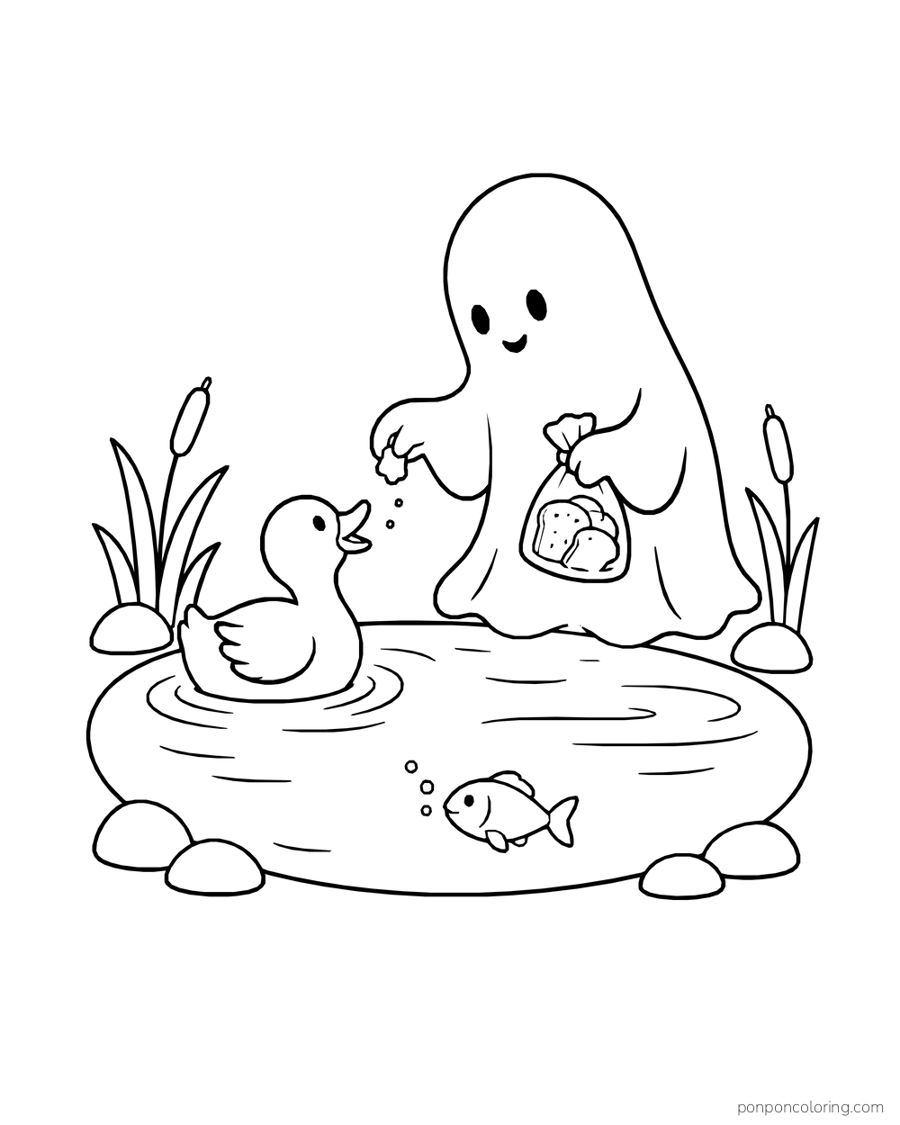 A ghost offers a treat to a duck in a pond, with reeds, stones, and a fish.