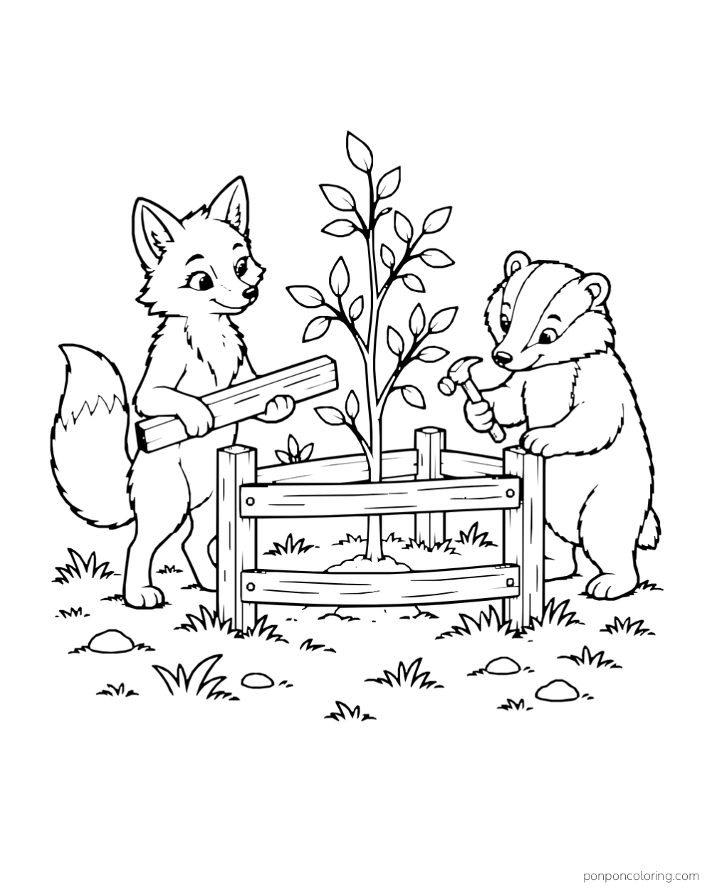 A fox holds a short board while a badger works beside a low fence and young sapling.