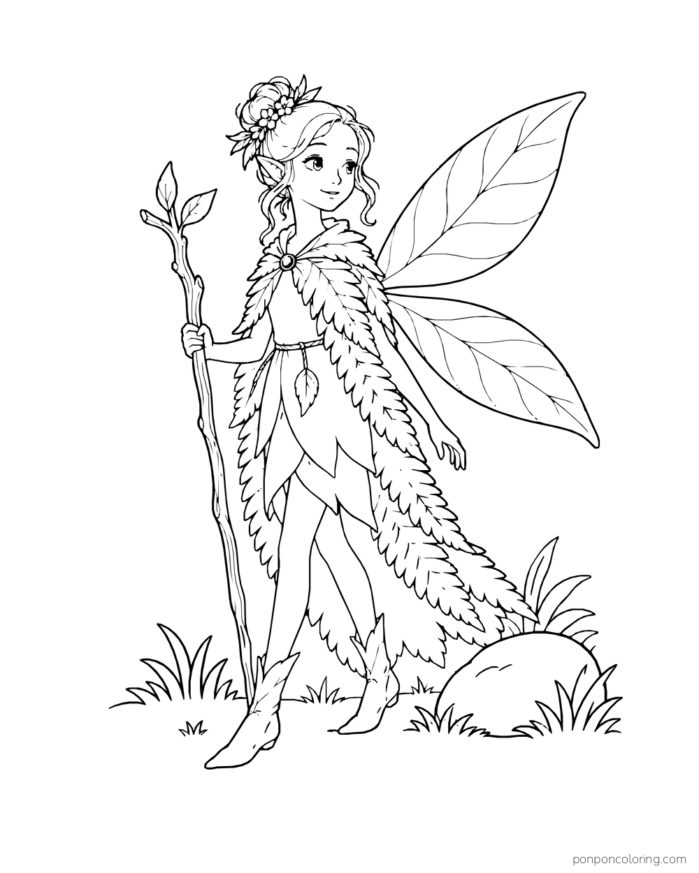 Tall fairy in a fern cloak walking with a twig staff and long leaf-shaped wings.