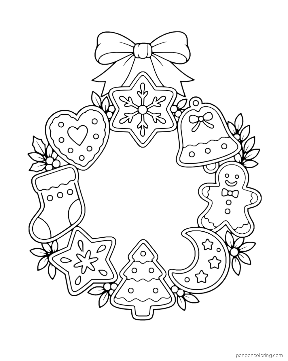 A wreath of decorated holiday cookies hangs beneath a bow with small leaves and flowers.