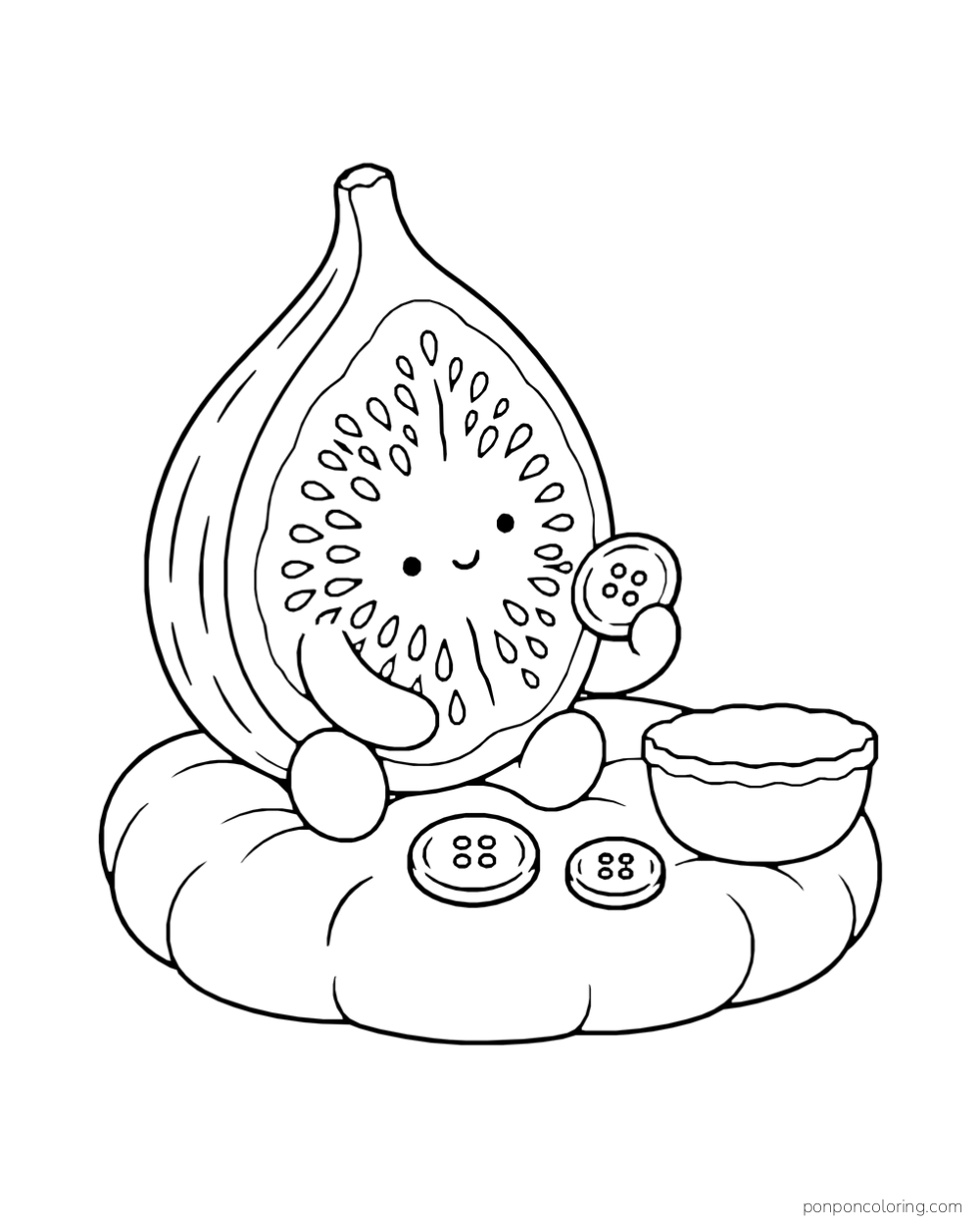 A fig half sorts buttons beside a bowl while sitting on a cushion.