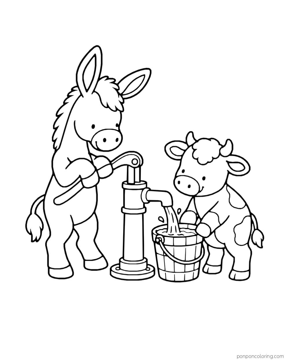 A donkey works a hand pump while a calf holds a bucket under the flowing water.