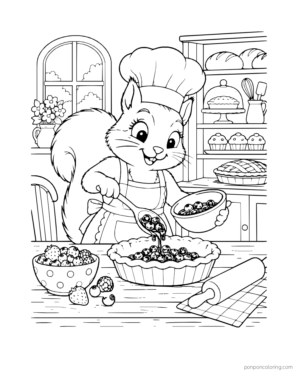 A squirrel baker spoons berries into a pie shell at a bakery counter.