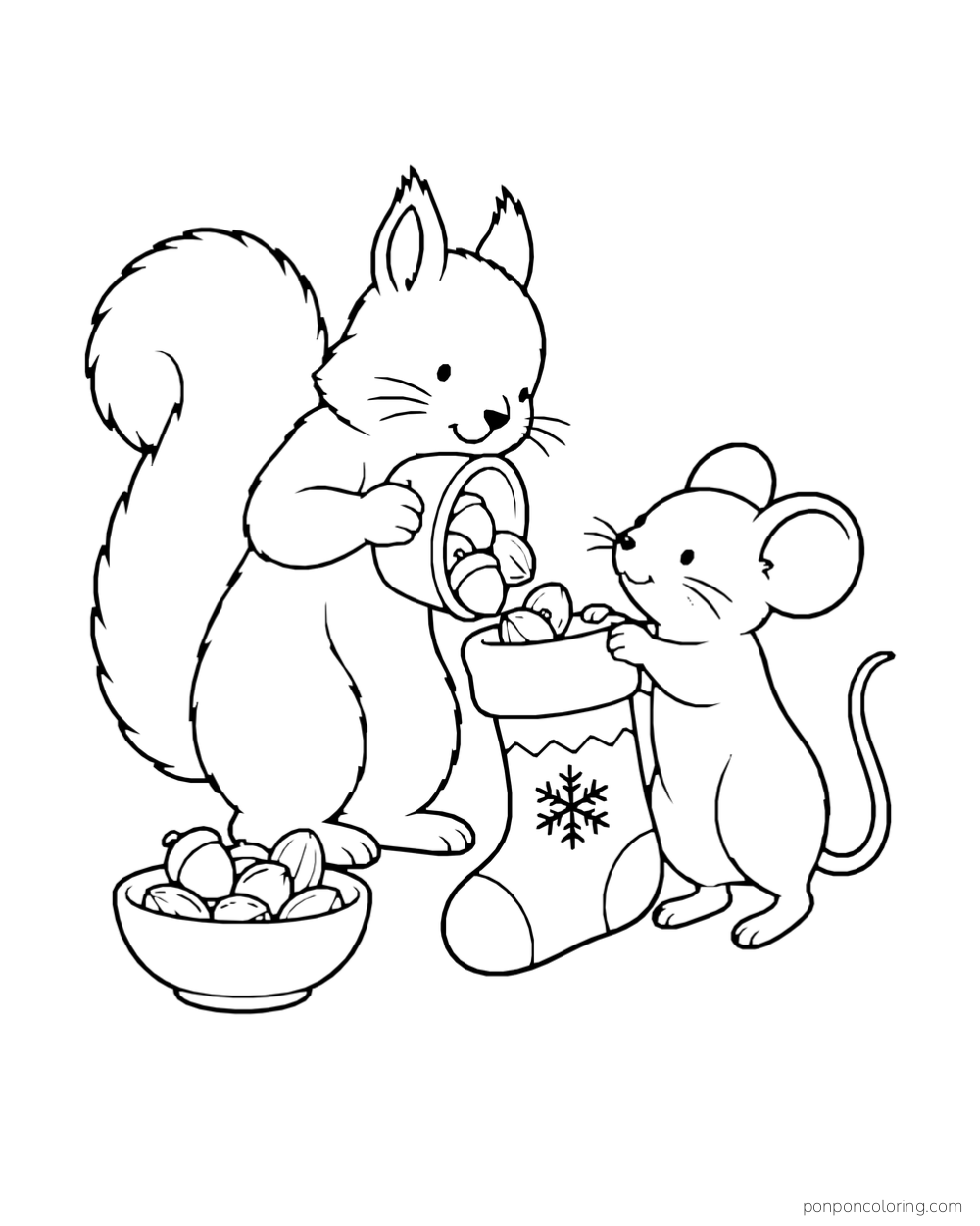 A squirrel pours nuts into a stocking held open by a mouse beside a bowl of nuts.